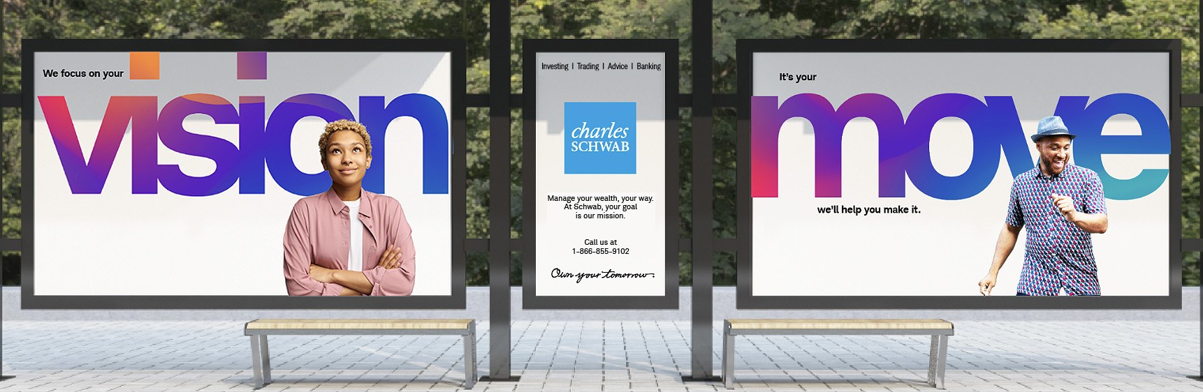 Charles Schwab Vision and Move campaigns at a bus shelter