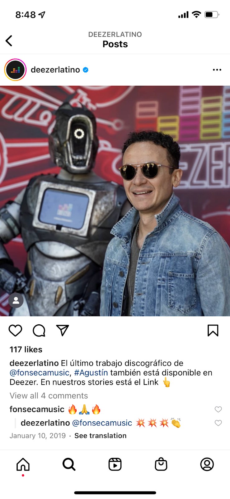 Deezer Latino Instagram post featuring Fonseca
